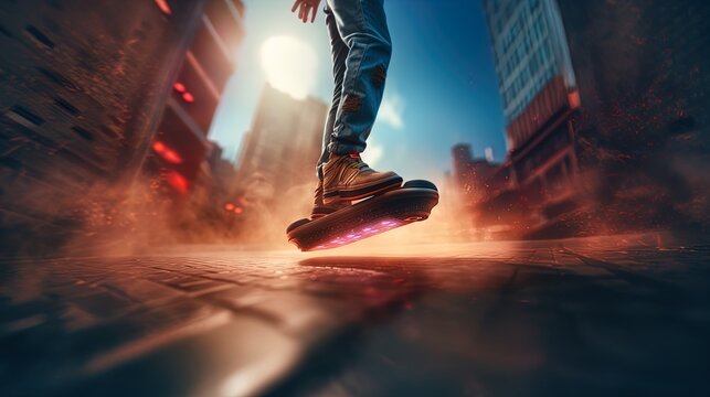 A person is seen riding a futuristic hoverboard in an urban setting, with the cityscape and a vibrant sky in the background. The rider's foot is prominently placed on the hoverboard, which emits a col