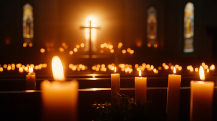 Serene church interior lit by candlelight, emphasizing tranquility and spirituality.