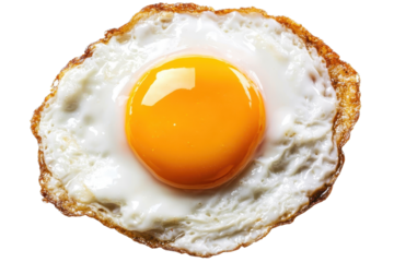 A perfectly cooked fried egg with a bright yellow yolk and crispy edges, showcasing its delicious, inviting appearance.