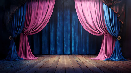 Blue and pink velvet curtains and wooden floor stage background. Velvet. Illustration