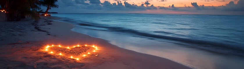 Obraz premium A serene beach scene at sunset, featuring a glowing heart made of candles on the sand. The calm waves and colorful sky create a romantic and peaceful atmosphere.