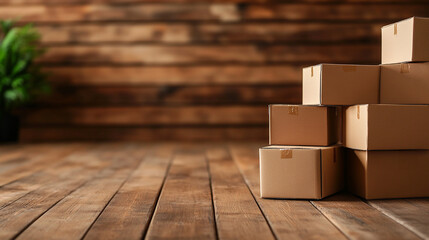 Stacked cardboard boxes on wooden floor in warehouse setting, symbolizing logistics and storage solutions.
