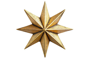 A golden eight-pointed star with sharp, angular edges, showcasing intricate texturing and a three-dimensional appearance.