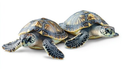 Obraz premium Two realistic sea turtles resting side by side on a white background.