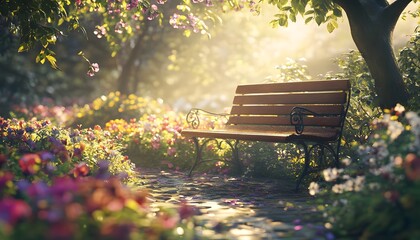 A serene park scene with a bench surrounded by blooming flowers.