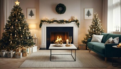 A luxurious living room decorated for Christmas. The room has a high ceiling with a chandelier hanging from it.