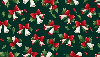 The image is a seamless pattern of Christmas-themed decorations on a dark green background