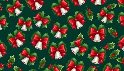 The image is a seamless pattern of Christmas-themed decorations on a dark green background