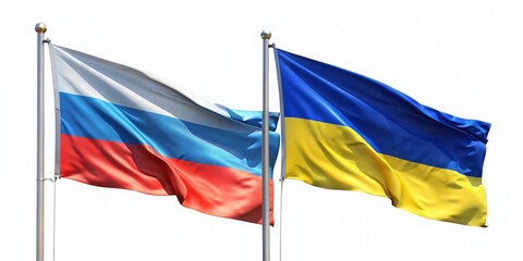 Silhouettes of Ukrainian and Russian Flags Fluttering in the Wind, Symbolizing the Tension and Conflict Between Two Nations Against an Isolated White Background