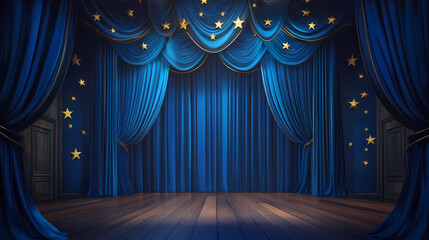 Dramatic blue velvet curtains on a theater stage, golden star accents, wooden flooring, classic performance setting. Velvet. Illustration