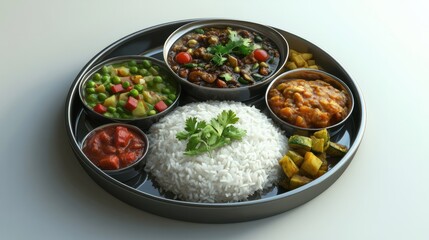 Nepali Meal of Daal Bhaat Tarkari Thakali Thali. Meat Rice vegetables and pickle dhido meal dinner or lunch