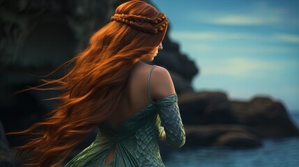 A beautiful young woman with flowing red hair stands by the water's edge, gazing away from the camera. She wears an elegant, sea-green dress adorned with intricate scales that shimmer in the sunlight.