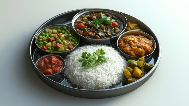 Nepali Meal of Daal Bhaat Tarkari Thakali Thali. Meat Rice vegetables and pickle dhido meal dinner or lunch
