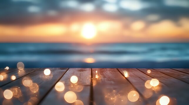 Coastal new year celebrations Abstract Background With Defocused Bokeh Lights on a boardwalk, lights shimmering over gentle ocean waves - Powered by Adobe