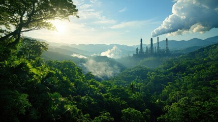 Industrial Site Among Lush Green Jungle Amidst Pollution and Nature