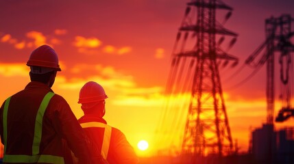 Fototapeta premium Workers in Safety Gear Watching Sunset with Power Lines Behind Them