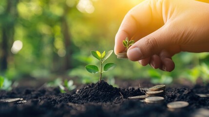 Fototapeta premium Hand Placing Coin on Young Plant in Lush Green Background