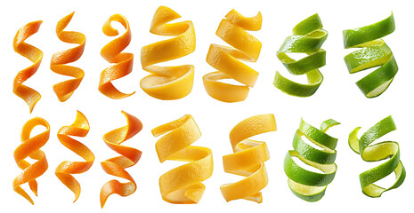 Spiral of citrus peel set collection isolated white background. cocktail or food fruit decoration of lemon orange and lime helix slices.