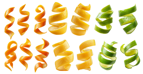 Spiral of citrus peel set collection isolated white background. cocktail or food fruit decoration of lemon orange and lime helix slices.