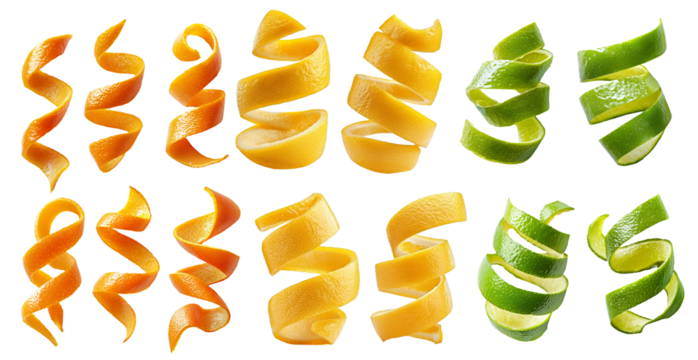 Spiral of citrus peel set collection isolated white background. cocktail or food fruit decoration of lemon orange and lime helix slices.