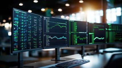 Advanced Trading Station with Multiple Monitors Displaying Data Trends
