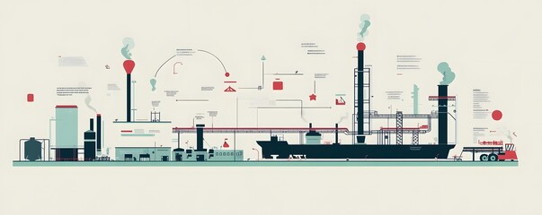 Obraz premium An informative illustration of an industrial landscape featuring factories, smokestacks, and machinery, showcasing modern manufacturing processes and the complexity of industrial o