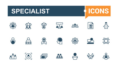 Specialist line web icon set. Featuring service, consultant, development, specific, mastery, life events, help, expertise. Minimalistic web and UI icons. Editable vector outline and solid icons.