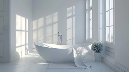 Bathroom interior with white bathtub. 3d render illustration
