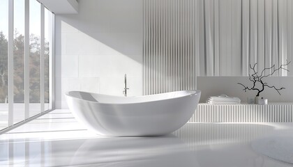 Bathroom interior with white bathtub. 3d render illustration