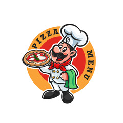 chef with pizza cartoon logo mascot