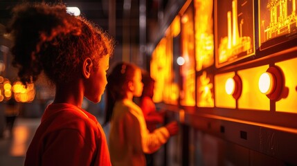 Naklejka premium Children Engaged with Exhibit in Science Museum at Evening Glow