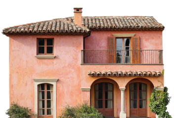 A charming pink stucco house with arched windows, wooden shutters, and a tiled roof, showcasing Mediterranean architectural style.