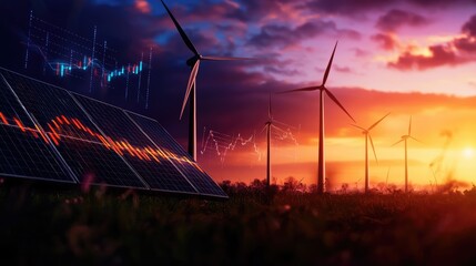 Renewable Energy Landscape with Solar Panels and Wind Turbines at Sunset