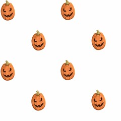 Halloween Pumpkin Pattern with Jack-O’-Lanterns, A seamless Halloween pattern featuring spooky jack-o’-lantern pumpkins with glowing orange tones on a black background.