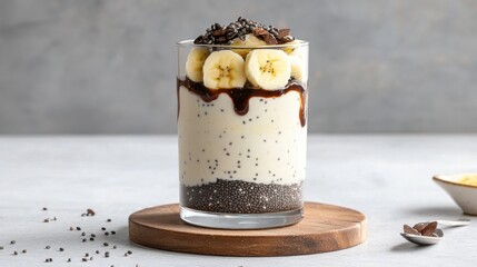 A delicious layered parfait featuring banana slices, chia seeds, and a chocolate drizzle, served in a clear glass on a wooden base.