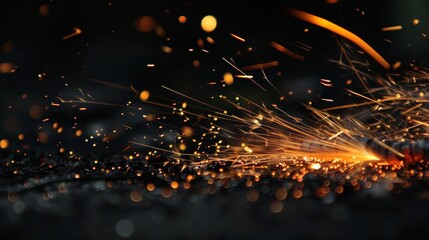 Flying Sparks from Metal Grinding in Dark Background