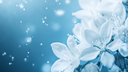 A stunning close-up of soft white flowers against a blue background, accentuated by a beautiful bokeh effect. The image captures a dreamy and serene floral arrangement, ideal for nature-inspired