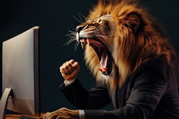 lion. in a business suit. screams a lot. shows fist. at his desk in the office he looks at the computer. on an isolated multi-colored dark background. 