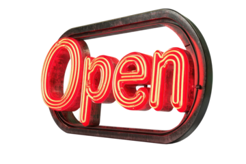 A glowing red neon sign displaying the word "Open," commonly used to indicate business hours or availability.