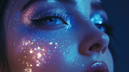 Close-up of a Woman's Face with Glittery Makeup in Blue and Purple Tones