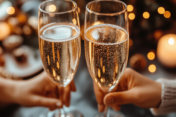hand holding a glass of champagne to cheer on new years eve