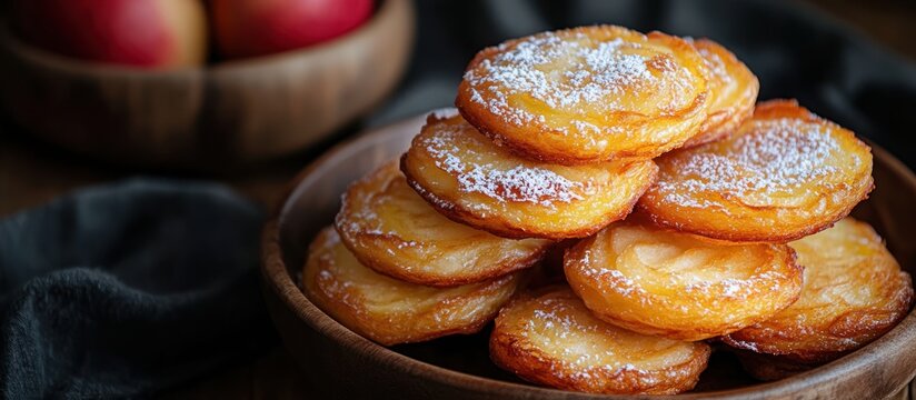 Stack of golden-brown apple fritters dusted with powdered sugar in a wooden bowl.