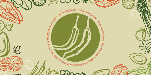 Isolated vector set of healthy food. Hand drawn vegetables doodle Illustration set. White background in colorful style. Salmon on the cutting board with the vegetables. Celery.