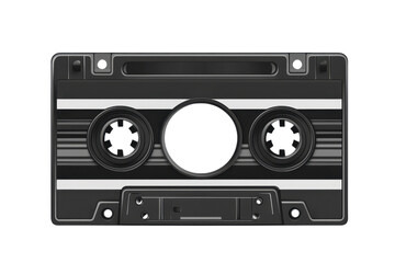 Naklejka premium A classic audio cassette tape featuring two reel openings and horizontal stripes, representing retro music storage.