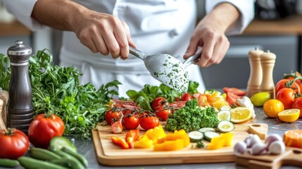 Chef preparing fresh vegetables on a wooden cutting board.