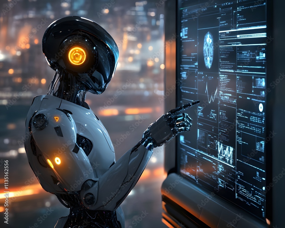Poster a futuristic robot interacts with a high-tech display, showcasing advanced artificial intelligence c