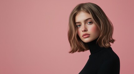 Fototapeta premium Stunning Woman in Black Turtleneck, Closeup Fashion Portrait
