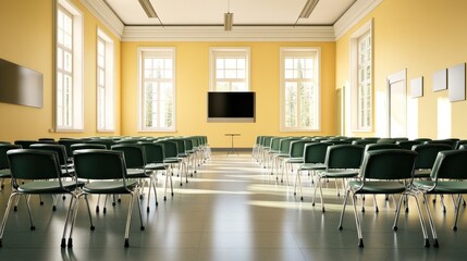 Empty conference room with rows of chairs, pale yellow walls, large windows, and a blank screen TV.