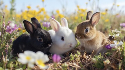 Three baby bunnies playing in wildflowers under spring sun