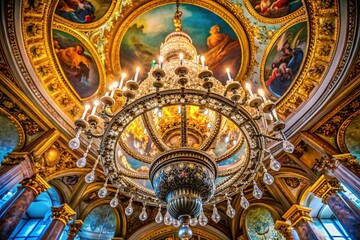 Fototapeta premium Stunning Aerial View of an Elegant Chandelier Hanging from a Luxurious Ceiling, Capturing the Intricate Design and Sparkling Crystals in a Beautifully Decorated Space
